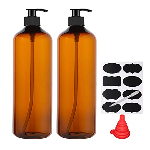 YBCPACK Paquete de 2 botellas dispensadoras de jabón de plástico de 1000 ml con bomba, botella dispensadora de champú ámbar recargable con bomba, champú, loción de masaje Cover