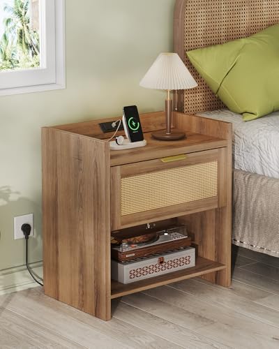 Image of WLIVE Rattan Nightstands Set of 2, Night Stand Sets with Charging Station, Boho Bed Side Table with Storage Drawer and Open Shelf, End Tables Bedroom, Natural Oak