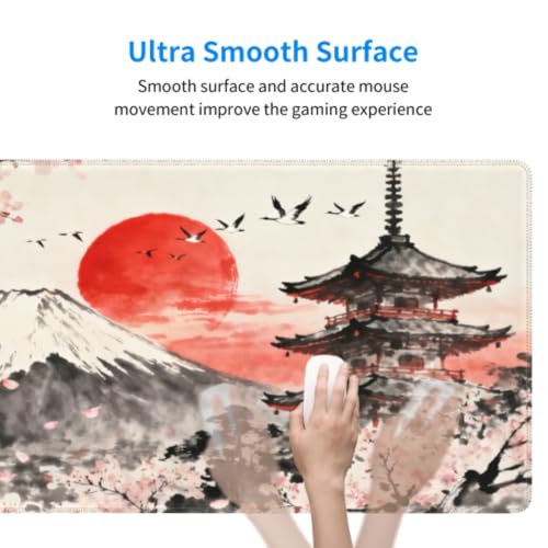 Image of Japanese Cherry Blossoms Mouse Pad 31.5x11.8 XL Black Gray Pink Red Watercolor Design Extended Large Mousepad Keyboard Mouse Mat Desk Pad with Non-Slip Rubber Base Stitched Edges for Home Office Game