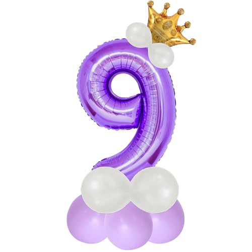 Image of Purple 9 Number Foil Balloon with Crown & Base Balloons | 32 Inch Helium Supported for Birthday, Anniversary, Baby Shower Decoration - Pack of 14