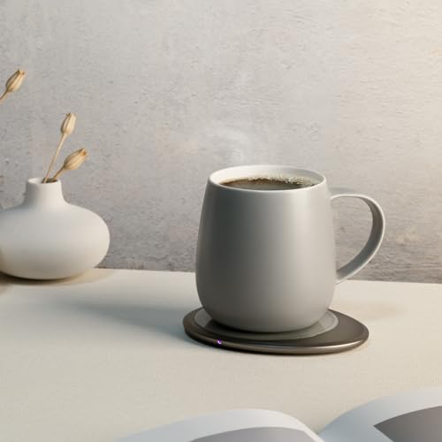 Image of Ui 3 Self-Heating Mug Set - Soft Gray | 12 fl oz / 355 mL Ceramic Coffee & Tea Mug Set with Heating Pad