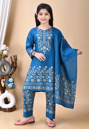 Image of Girl's Rayon Ethnic Wear Embroidered Kurta Set with Dupatta