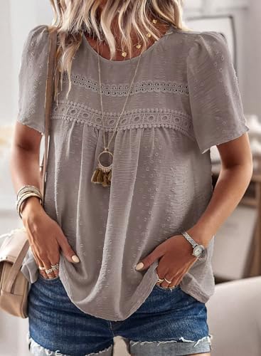 Image of Falechay Womens Summer Tops Crewneck Short Sleeve Shirts Casual Chiffon Blouses Flowy Lace Hem Boho Clothing Trendy 2026