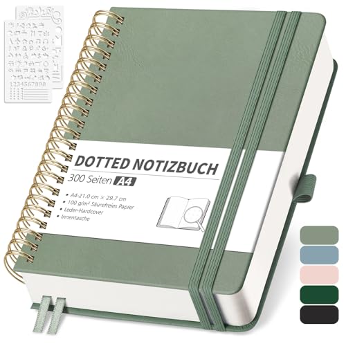 RETTACY Taccuino A4 Dotted, Bullet Dot Journal con carta spessa 100 g/m², 150 fogli, per ufficio e scuola, custodia in pelle, verde chiaro, 21 cm x 29,7 cm