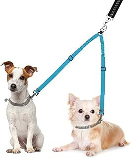 Nasjac Double Dog Lead Splitter, No Tangle 360 Rotation Dog Leash Coupler for Walking 2 Dogs, Adjustable Shock Absorbing Bungee Reflective Dual Lead for Two Pets Dogs Medium Large Training
