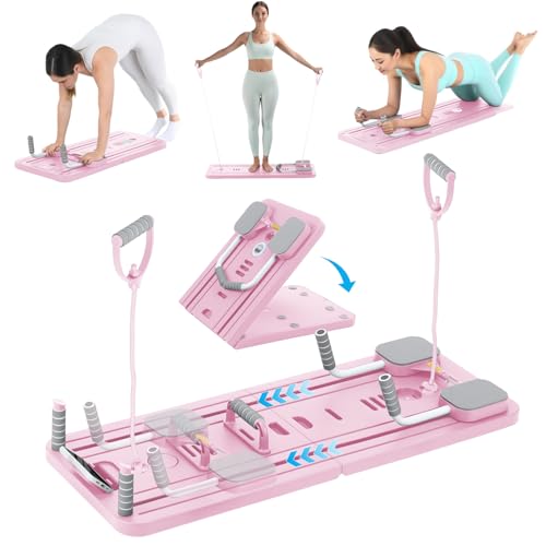 Pilates Board Set für zuhause - Faltbarer Reformer Pilates Maschine Mini Pilates Reformer Board Reformer für Pilates Premium Purple - inkl. Timer Widerstandsbänder Griffe Rosa 106*7*40cm