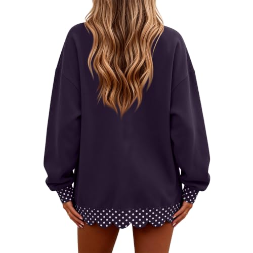 Mock Neck Sweatshirt Women Patchwork Scalloped Edge Polka Dot Pullover - image 2