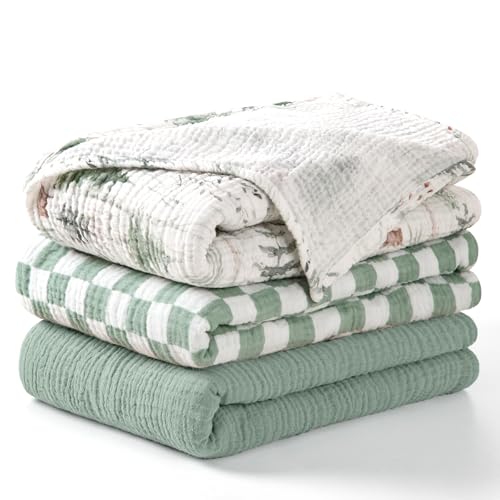 Image of lulumoon Muslin Swaddle Blankets for Baby: Lightweight & Breathable Receiving Blankets for Hospital - Neutral Registry Gift for Newborn 3pack (Sage Foreststump)