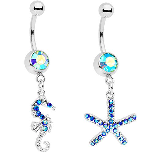 Body Candy 2PC 14G 316L Stainless Steel Blue Accent Seahorse Bonus Pack Belly Button Ring Navel Piercings