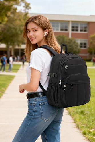 Image of Large Backpack for Women, Quilted Laptop Bookbag with Pouch Pockets for College Work Travel Gym Teacher Nurses, Puffer High School Backpack for Girls, Black