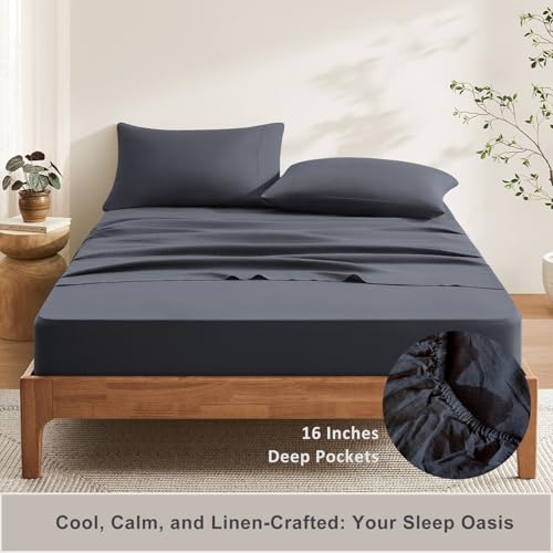 Tosmo Pure Linen Sheets Set Blue Gray thumbnail 6