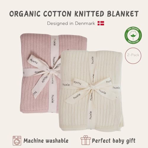 Image of 100% Organic Cotton Knit Receiving Baby Blanket for Newborns - Soft, Breathable Blanket for Crib & Stroller - Nursery Gift (Ivory and Blush)