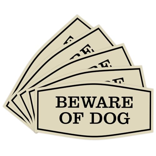 All Quality Fancy Beware of Dog Wall or Door Sign | Durable Material | Home Security Signs | Easy to Install (Ivory/Brown) - Large 5 Pack