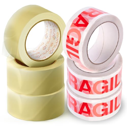 OFITURIA Cinta Adhesiva, Cinta Embalar ideal para Embalaje de Cajas de Cartón, Envíos y Mudanzas, Pack de 6 Rollos de Cinta, Precinto Adhesivo Seguro y Resistente (3 Transparente, 3 Frágil)