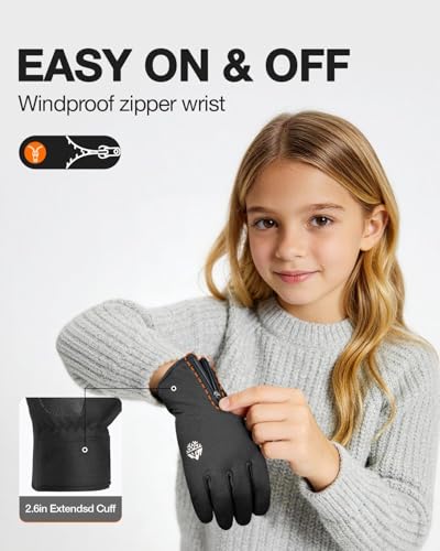 Image of RIGWARL Warm Kids Winter Gloves for Boys Girls, Water-Resistant Touchscreen Gloves with Zipper Cuff, Gifts for Kids Christmas