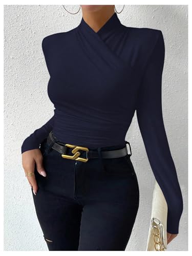 Image of SweatyRocks Women's Ruched Mock Neck Long Sleeve T Shirt Solid Slim Fitted Tee Tops