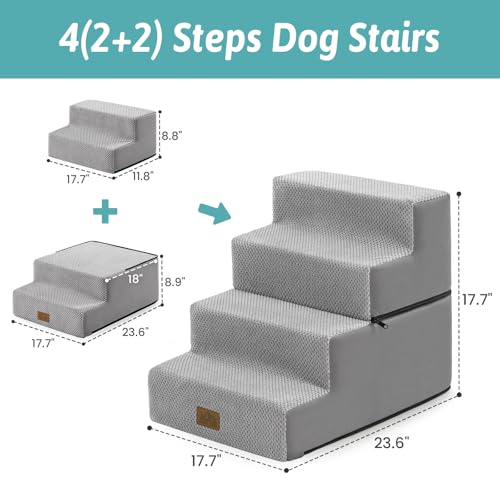 Image of COZY KISS Dog Stairs for Small Dogs, 4 Step Pet Stairs for Beds & Couches | 17.7 inch H Extra Wide Non-Slip Dog Steps with Removable Tiers & Support Board for Puppies, Older Cats & Dogs, Grey