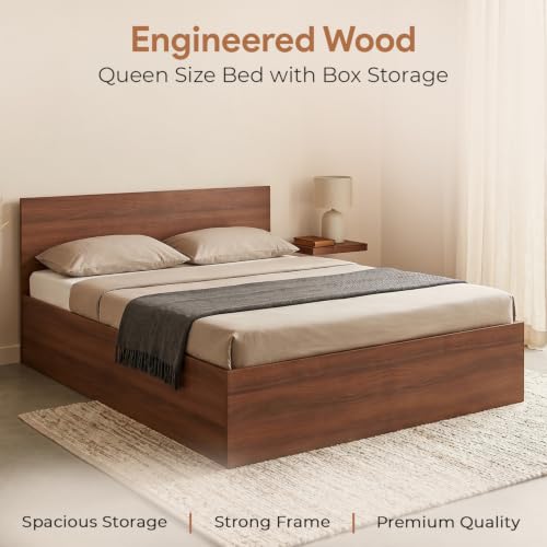 Image of FURNIFLIX Queen Size Engineered Wood Bed with Box Storage - Walnut Finish