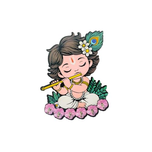 Image of Cute Krishna Wall-Mounted Key Holder, Peacock Feather & Floral Art, 20x25 cm, 7 Hooks, Pink UV Printed Design, Decorative Key Stand - Home & Office