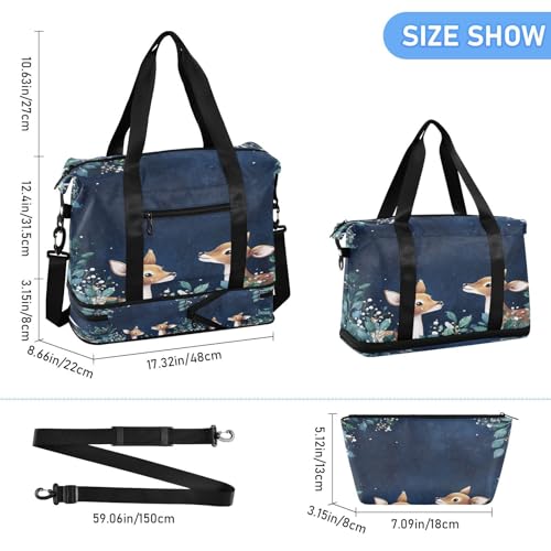 Deer Blue Leaves Duffel Bag for Women Men Gym Bag with Shoe Compartment Wet Pocket Carry On Weekender Overnight Bags for Airline Travel Gym3