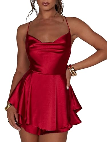 Miolasay Women Backless Short Romper Satin Dress Sexy Cowl Neck Short Jumpsuits Tie Ruffle Layer Spaghetti Strap Mini Dress (A-Red, S)