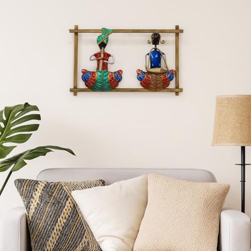 Image of SHREE 'O' GREEN TECH - Metal Multicolor Musician Couple Wall Hanging Rajasthani Lady Sardar Decorative Showpiece Art Frame