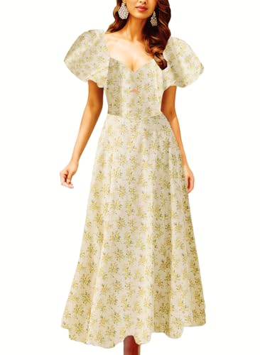 Image of GOLDSTITCH Women's 2026 Boho Floral Maxi Dress Puffy Short Sleeve Cutout V Neck Casual Long Beach Dress
