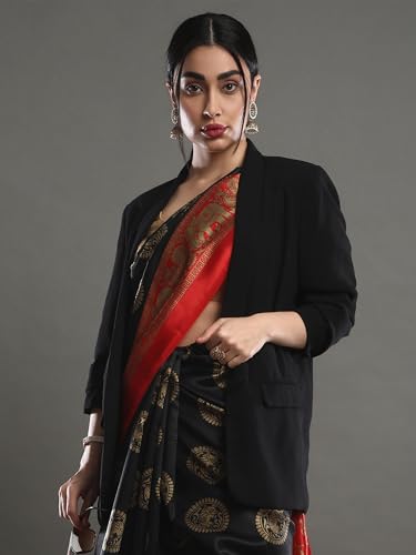Image of AKHILAM Women's Art Silk Animal Print Saree With Unstitched Blouse Piece(Black APHALSP100D SNK)