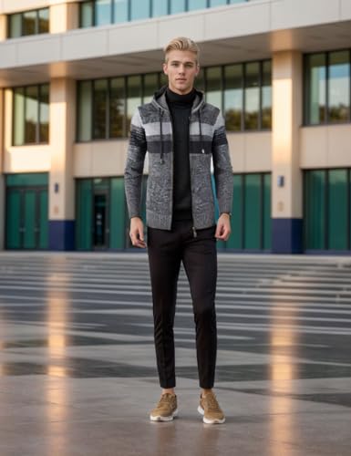 Image of Kinkia Men's Zip Up Hoodies Casual Long Sleeve Full Zipper Sherpa Fleece Lined Knit Cardigan Sweater Jacket with Pockets