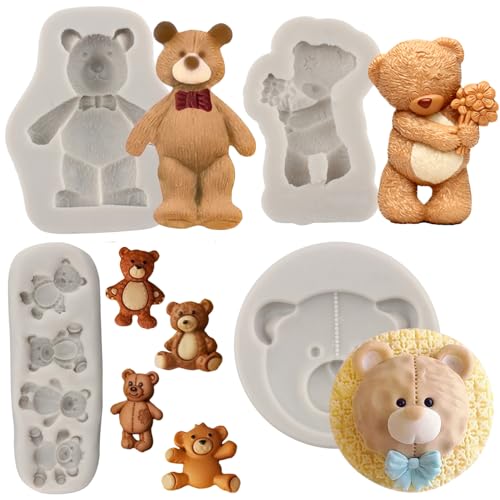 MYPRACS Lot de 4 moules en silicone en forme d'ours en peluche pour décoration de gâteau, pâte à sucre, cupcakes, bonbons, chocolat, argile polymère