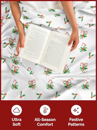 King Candy Cane Mistletoe Sheet Set - Holiday Xmas Pattern Bedding Set - Deep Pockets - Snug Fit - 4PC - Wrinkle Free & Easy Fit - Cozy Festive Winter - Holiday Sheets for Women, Men, Kids & Teens