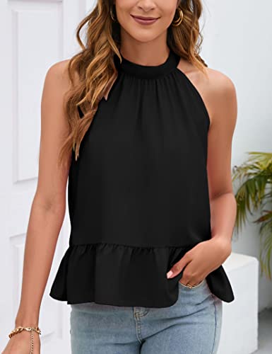 Clearflower Womens Halter Tank Tops Ruffle Hem Summer High Neck Pleated Sleeveless Cami Shirts Tops B-04-Black Xl #TOP3