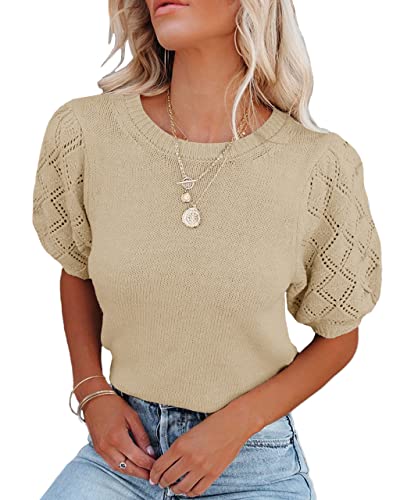 Womens Short Sleeve Sweaters Crewneck Knit Pullover Tops 2025 Summer Casual Lightweight Crochet Blouse Shirt Khaki