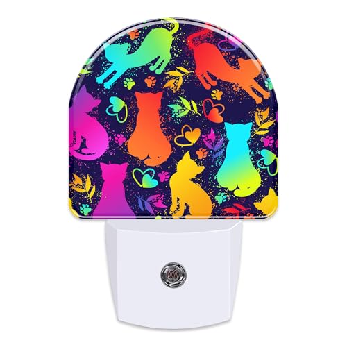 Image of Colorful Cat Silhouettes Night Light, Cute Kittens Hearts and Paw Prints Dusk to Dawn Night Light Plug in,0.5w Energy Saving Sleep Friendly NightLight for Kids Boys Girls Home Decor