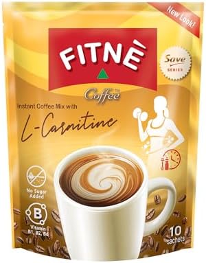 FITNE Instant 3 in 1 Coffee Packets Mix with L-Carnitine for Workout Exercise Vitamin B1 B2 B6 Smooth Blend No Sugar Sucralose Sweetener, 10 Sachets