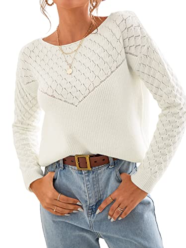 Cupshe Womens Long Sleeve Pullover Sweater Solid Fall Winter Casual Cutout Crochet Sweater White #TOP8