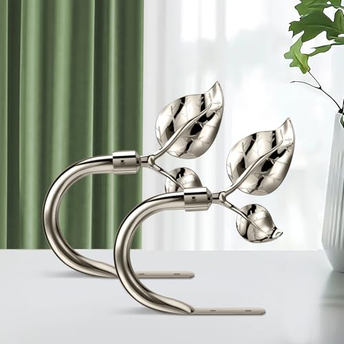 Image of HIKMLK Bright Nickel Leaf Shaped Curtain Holdbacks 2pcs, Handmade Metal Side Holders Hooks for Wall, Tieback Pull Backs for Drapes Drapery Home Window Decoration