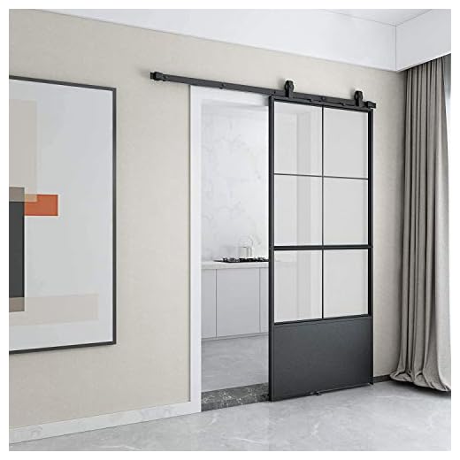 JUBEST 36in x 84in Glass Sliding Barn Door, Modern French Door, Paneled Frosted Glass Carbon Steel Frame Sliding Closet Kitchen Door with 6FT Hardware Kit and Soft Close Mechanisms