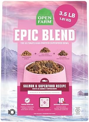 Open Farm, Epic Blend High Protein Dry Dog Food, Probiotic Coated & Bone Broth Infused Kibble with Air Dried Meat & Organs, Minimally Processed & Nutrient Dense, Salmon & Superfood Recipe, 3.5lb Bag