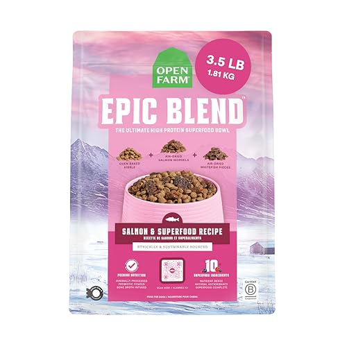 Open Farm, Epic Blend High Protein Dry Dog Food, Probiotic Coated & Bone Broth Infused Kibble with Air Dried Meat & Organs, Minimally Processed & Nutrient Dense, Salmon & Superfood Recipe, 3.5lb Bag