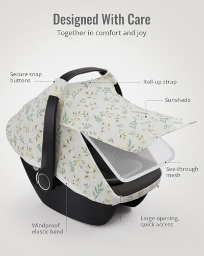 Blissful Diary Baby Car Seat Cover, Extra Large Mesh Window, Breathable Muslin Cotton, Infant Windproof Canopy, Must-Have Baby Gift - Botanical Leaf — view 3