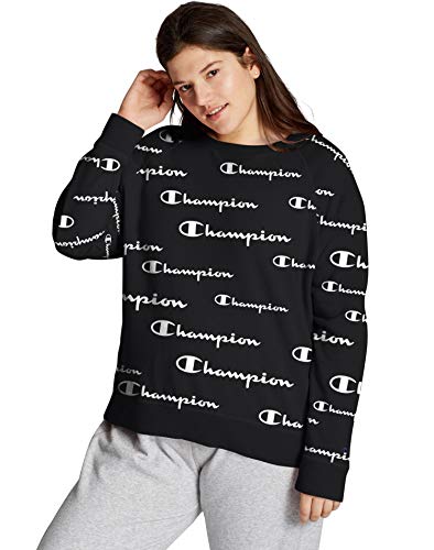 Champion Women's Plus Campus French Terry Crew-Print, Solid Scripts/Black, 3X