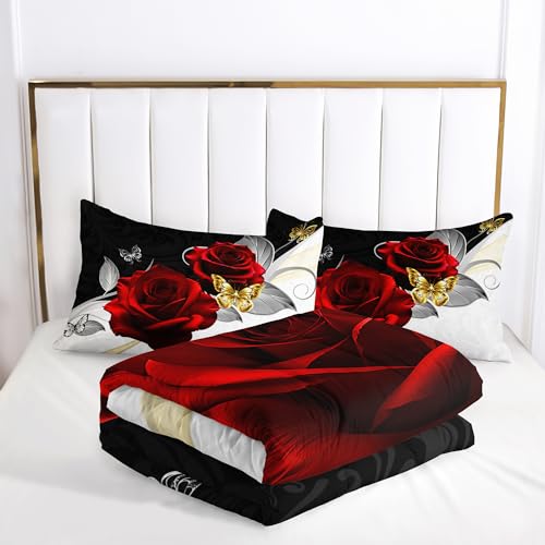 Image of AILONEN Black and White Comforter Set Queen Size,Romantic Red Rose Bedding Set for Room Decor,Couple Love Soft Microfiber Duvet Set 3 Piece,Lightweight Comforter with 2 Pillowcases