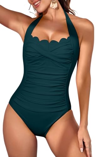 Image of Eomenie Women One Piece Tummy Control Swimsuit Halter Scallop Trim Bathing Suits 1 Piece Vintage Ruched Slimming Swimwear