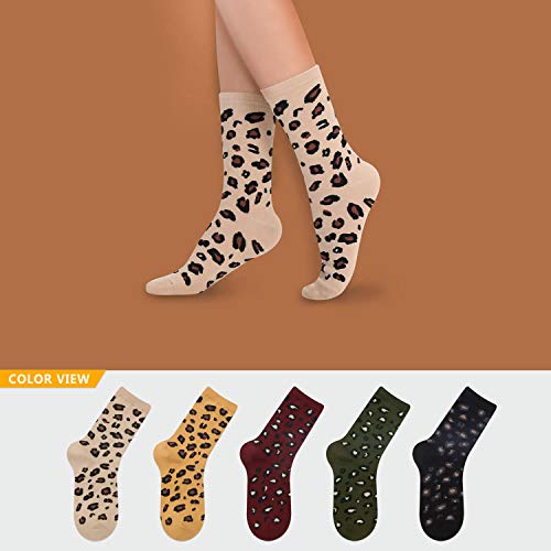 Kikiya Socks Women Patterned Crew Socks | 5 Pairs Leopard Cute Sexy Cheetah Animal Print Camoflouge Novelty Cotton Daily Socks, Womens Ladies & Girls Gift Casual Korean Socks | Leopard Patterned A #TOP1