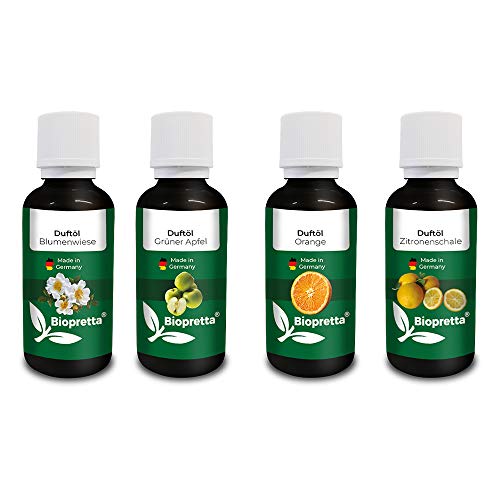 Preisvergleich Produktbild Biopretta Luftwäscher Duftkompositionen 4 Flaschen a 50ml(Gesamt 200ml) Grüner Apfel,Blumenwiese,Zitronenschale,Orange