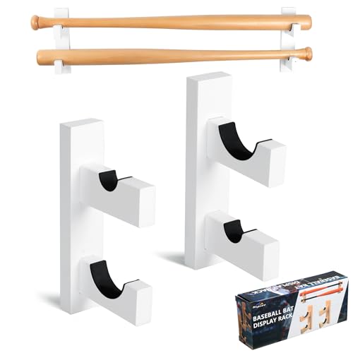 Invech 2 Baseball Bat Holder, Wall Mount Display Case, Sturdy Wood Horizontal Rack & Bracket, Bat Souvenir Stand with Screws& Anchors (White)