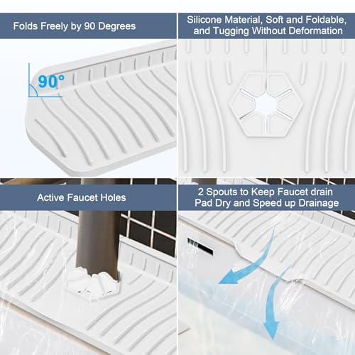 Image of Faucet Guard - 90 Foldable Draining Mat for Kitchen Sink with 2 Drain Ports, Suitable for Bathroom, etc (White, 29.9 inch*5.9 inch)