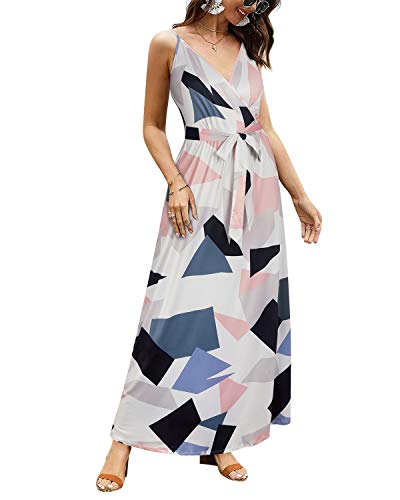 Image of OUGES Womens Summer Maxi Dress V Neck Floral Adjustable Spaghetti Strap Beach Dresses with Pockets