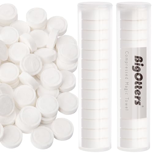 BigOtters Compressed Towels 100PCS D isposable Face Towels for Travel Expandable Wipes Tablets with 2PCS Tube Containers for Survival Gear and Supplies Outdoors Camping Hiking Hotel